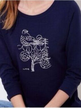 LOFT Navy Long-Sleeve Top with White Bird & Tree embroidered